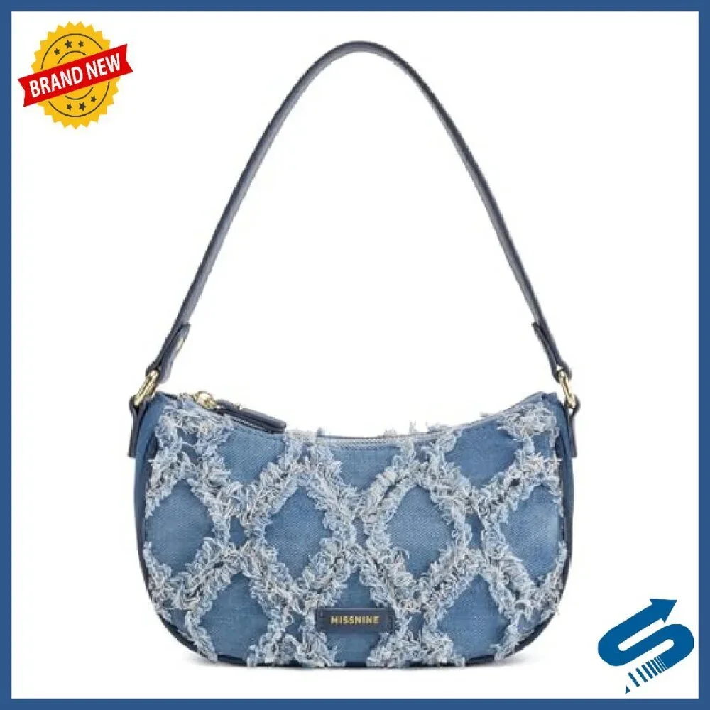 Distressed Denim Hobo Shoulder Bag with Adjustable Strap Mini Purse - Picture 2 of 8